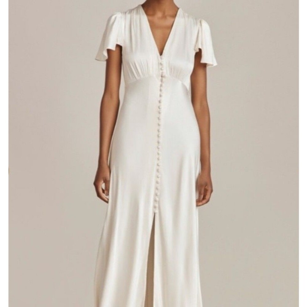 Ghost London Grace Dress Womens S Ivory Satin Maxi Button Front Flutter Sleeve